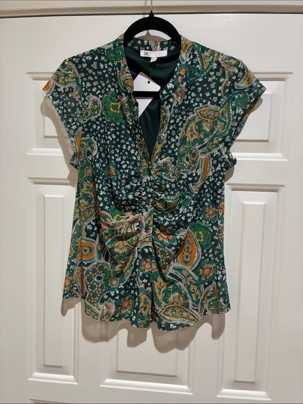 DR2 Green Paisley Twist-Front Cap Sleeve Top